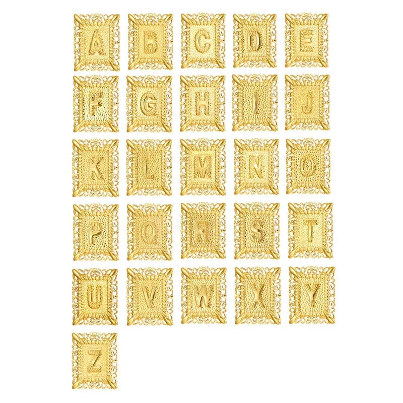 Grid of all 26 gold square letter pendants, A to Z, each with ornate openwork edges 9