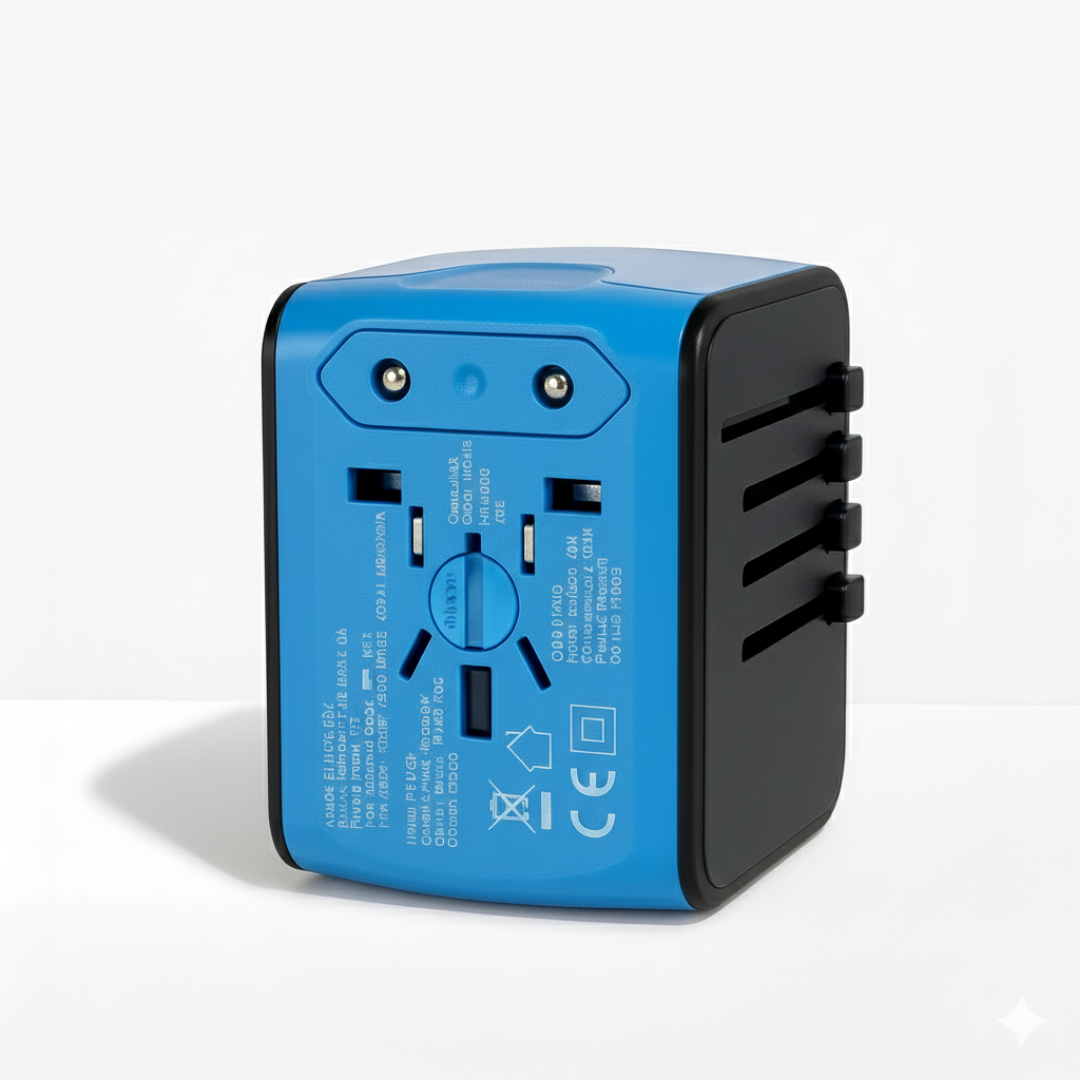 Blue and black adapter standing on a white surface, showing the plug side with the two round pins 8