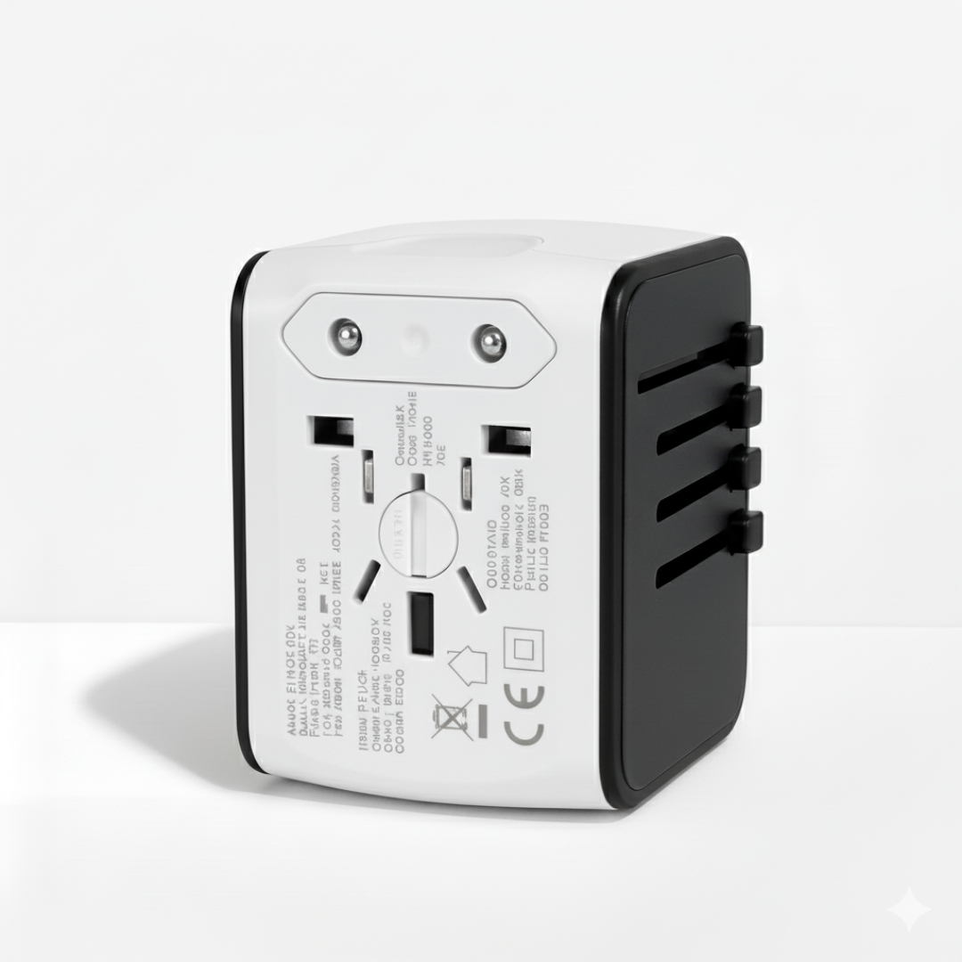 White and black adapter standing on a white surface, showing the plug side with two round pins 10