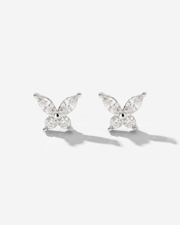 Pair of silver-tone butterfly studs with clear stones, front view on a white background 4