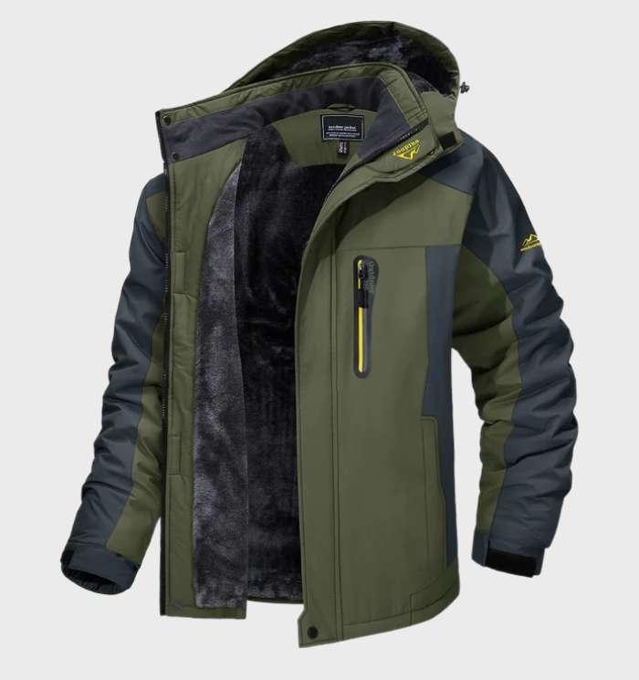 Olive green and gray hooded jacket, unzipped to show the thick dark fleece lining 2