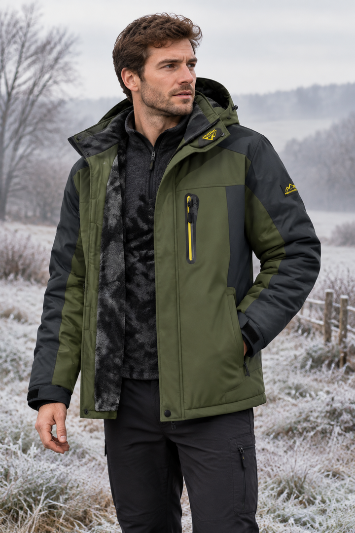 Man wearing the olive green and black hooded jacket open over a dark fleece, in a frosty field 1