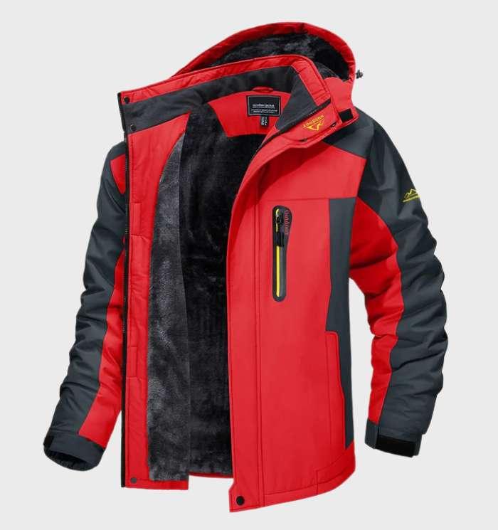 Red and charcoal hooded jacket, open to show the plush dark fleece lining 4