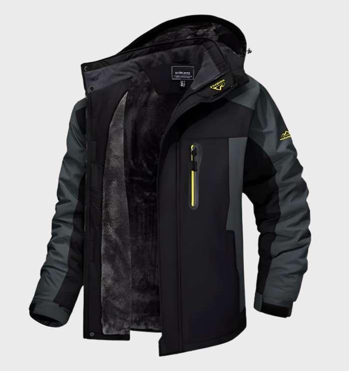 Black and gray hooded jacket, open to show the thick dark fleece lining 5