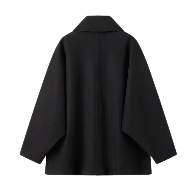 Schwarzer Damenmantel, minimalistisches Design, weite Ärmel, eleganter Herbst-Winter-Look.