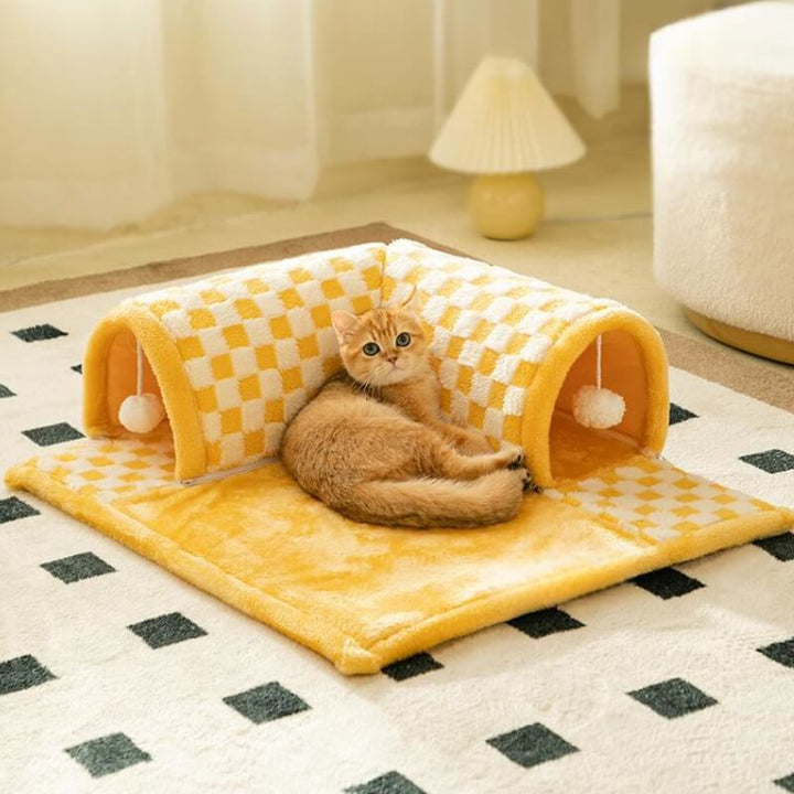 2-in-1 Cat Tunnel Bed - FurryFun-Yellow-S-Nora Luxe