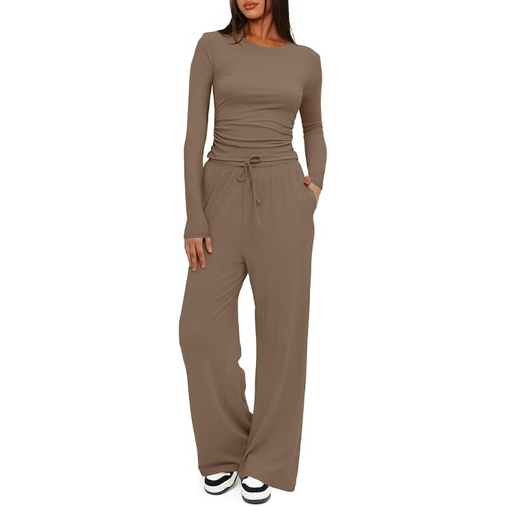2-Piece Ladies Lounge Set - Lieke-Khaki-29.13 inches-XS-Nora Luxe
