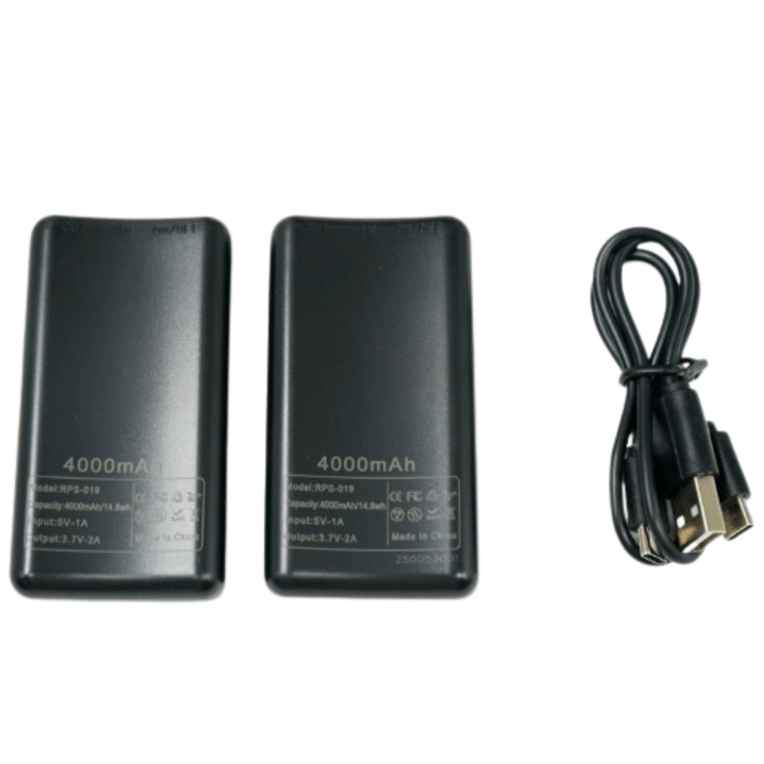 Two black battery packs with rear labels shown, next to a coiled black USB charging cable 9