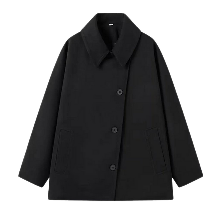 Schwarzer Wollmantel, Damen, klassisch, Knöpfe, Herbstmode, elegant, warm, zeitloses Design.