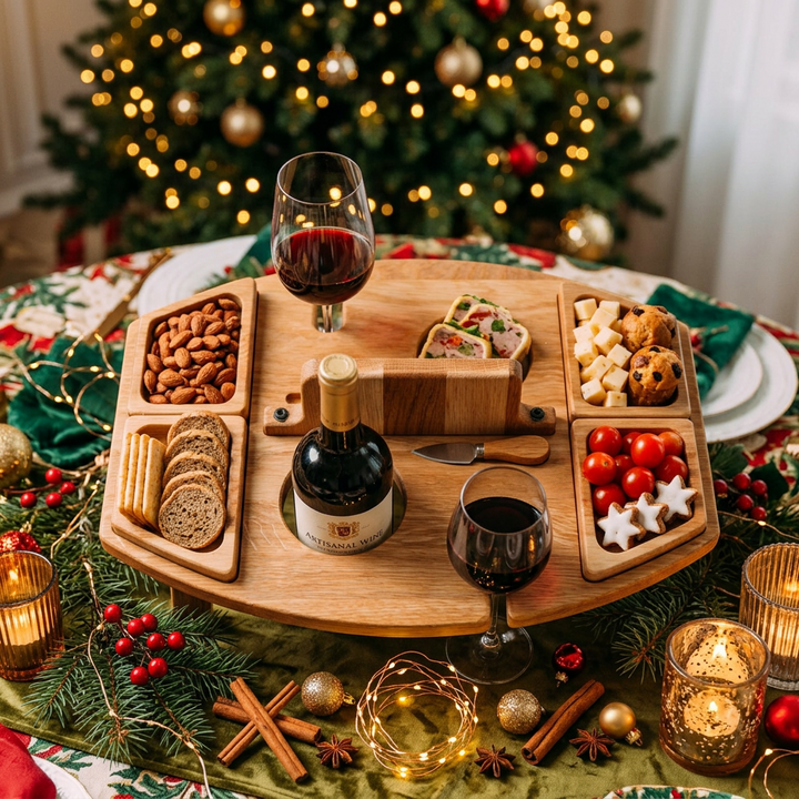 Overhead view of the round wooden board with red wine, nuts, crackers, tomatoes and cheese among Christmas decorations 3
