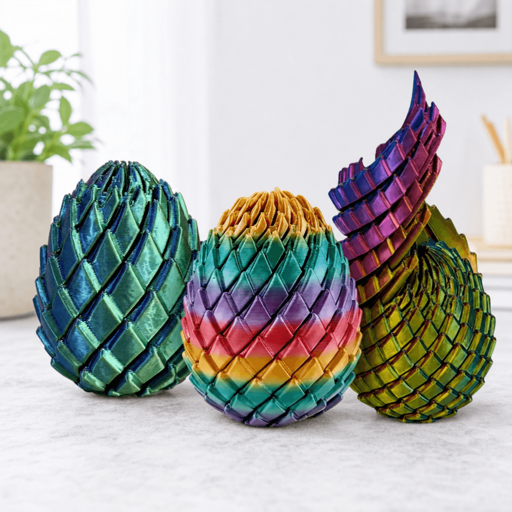 Three scaled dragon eggs in green-blue, rainbow stripes and twisted open, on a light tabletop 1