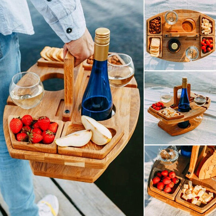 Collage of four views: a man carrying the table, an overhead view, a side view, and a close-up of snack trays 7