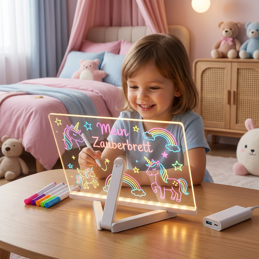 Girl draws unicorns and rainbows on the glowing board, with colored markers and a power bank beside it 2