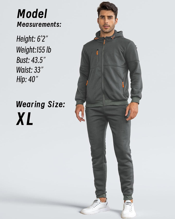 Model wearing the gray tracksuit, front view, next to a measurements and size XL panel 9