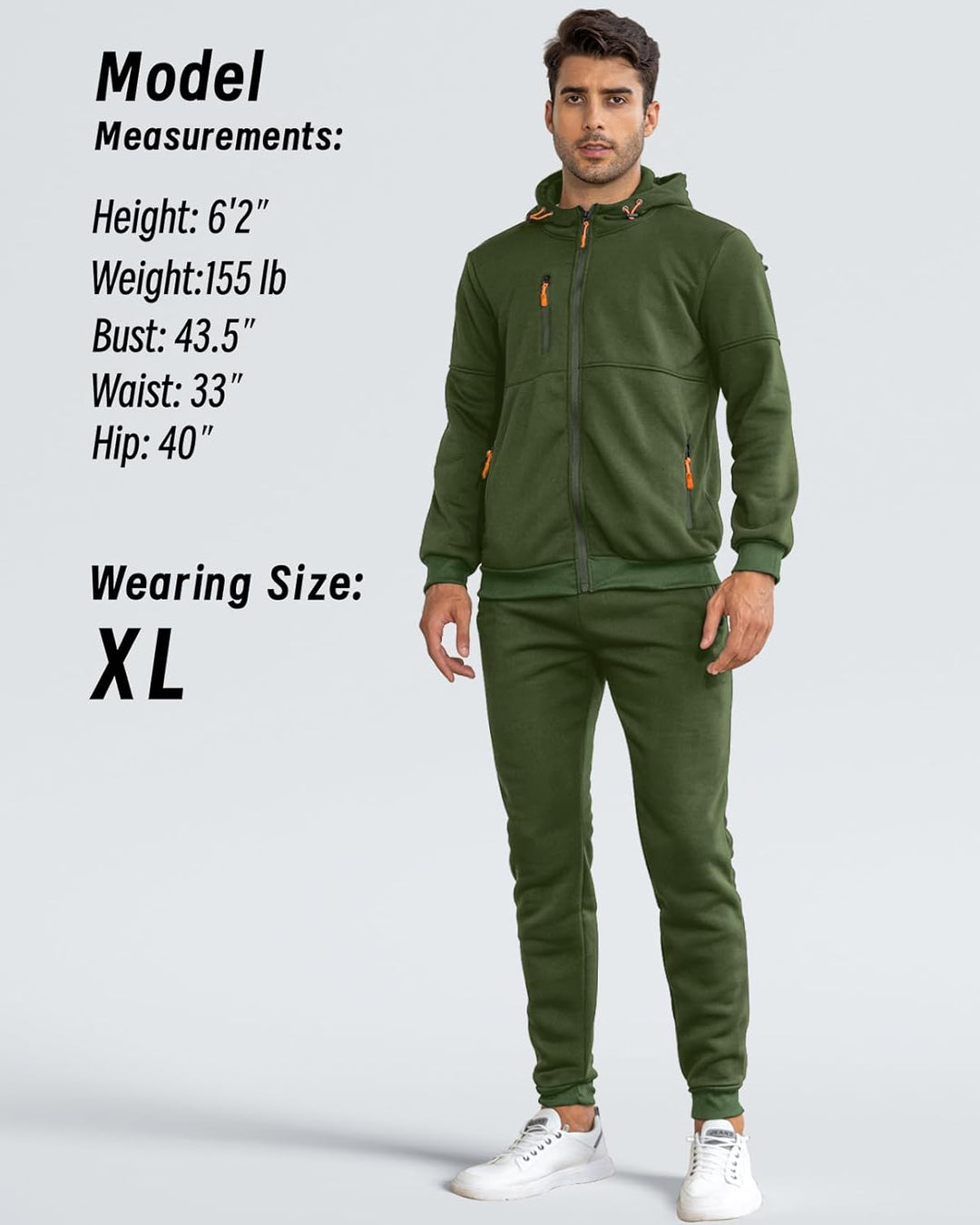 Model standing in the green tracksuit, front view, with a measurements and wearing-size panel 15