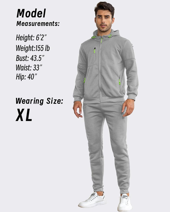 Model in gray hooded zip jacket and joggers with lime zipper pulls, size XL, measurements listed 27