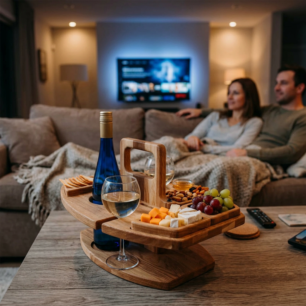 Wooden snack table on a coffee table holding wine, cheese and grapes, with a couple watching TV behind 1
