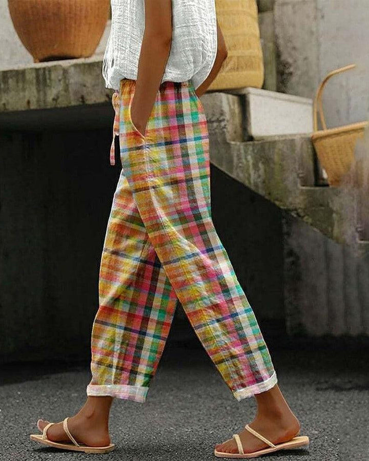 Women's trousers in vintage check pattern with mid-rise – Aveline