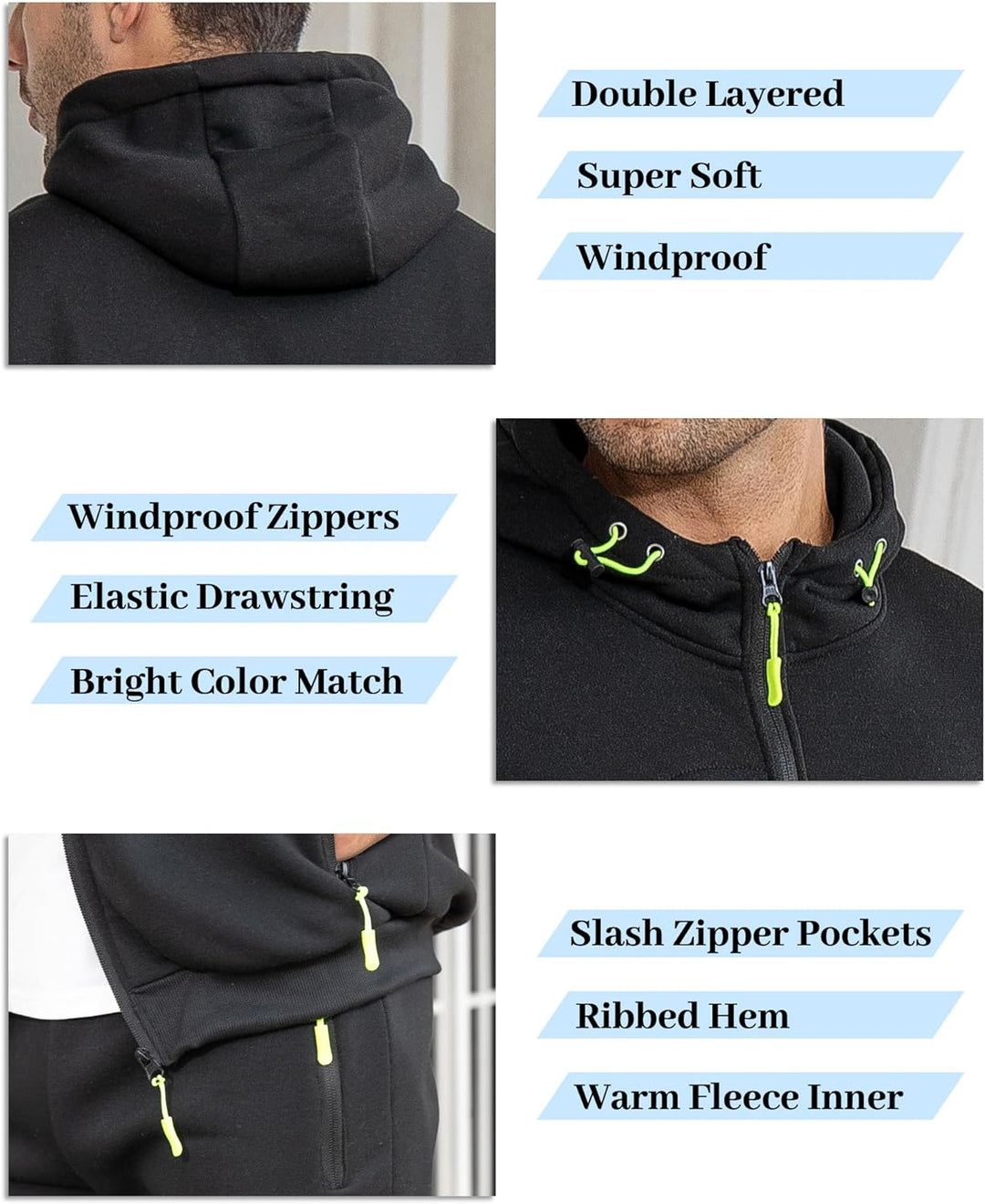 Collage of black tracksuit details: double-layered hood, drawstring, bright zipper pulls, slash zipper pockets and ribbed 23