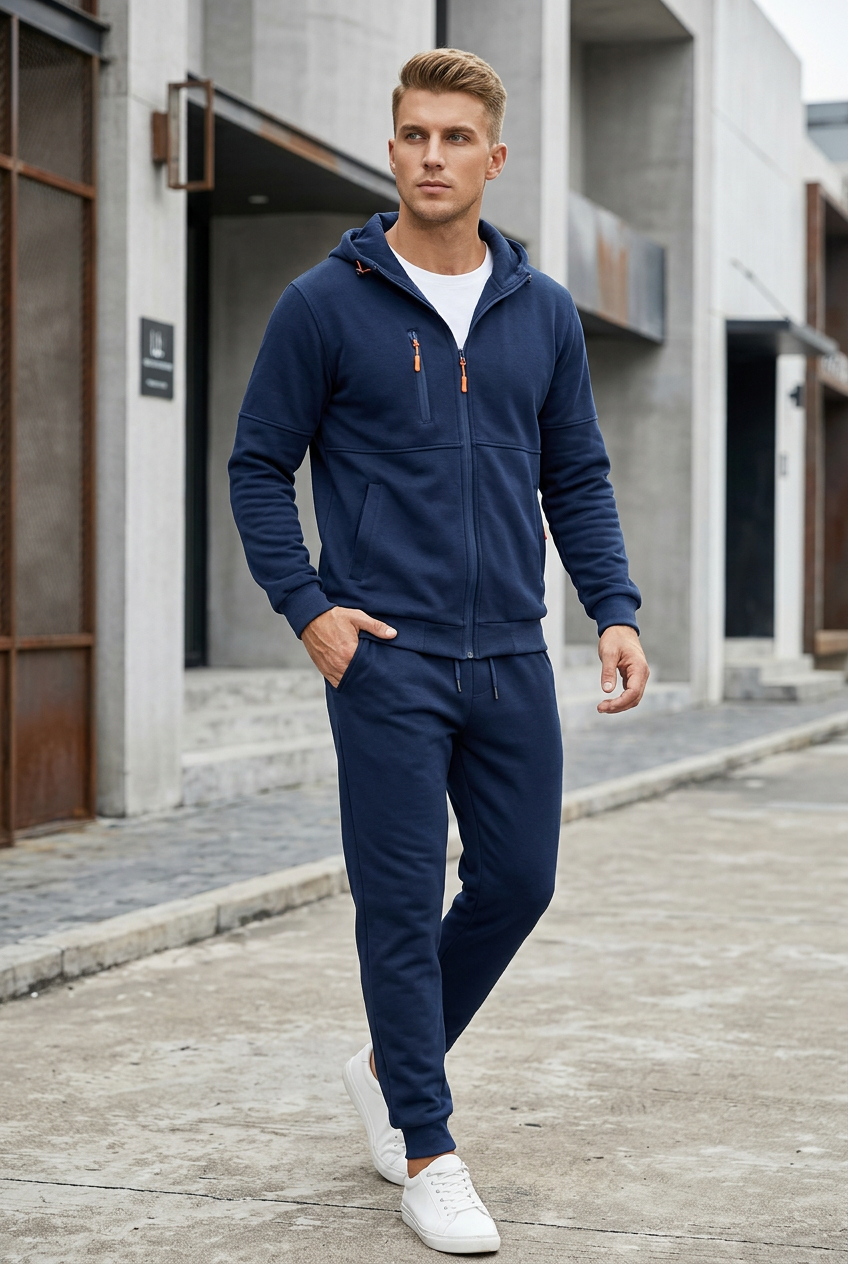 Man in navy zip hoodie and joggers with orange zipper pulls, walking past concrete buildings 1