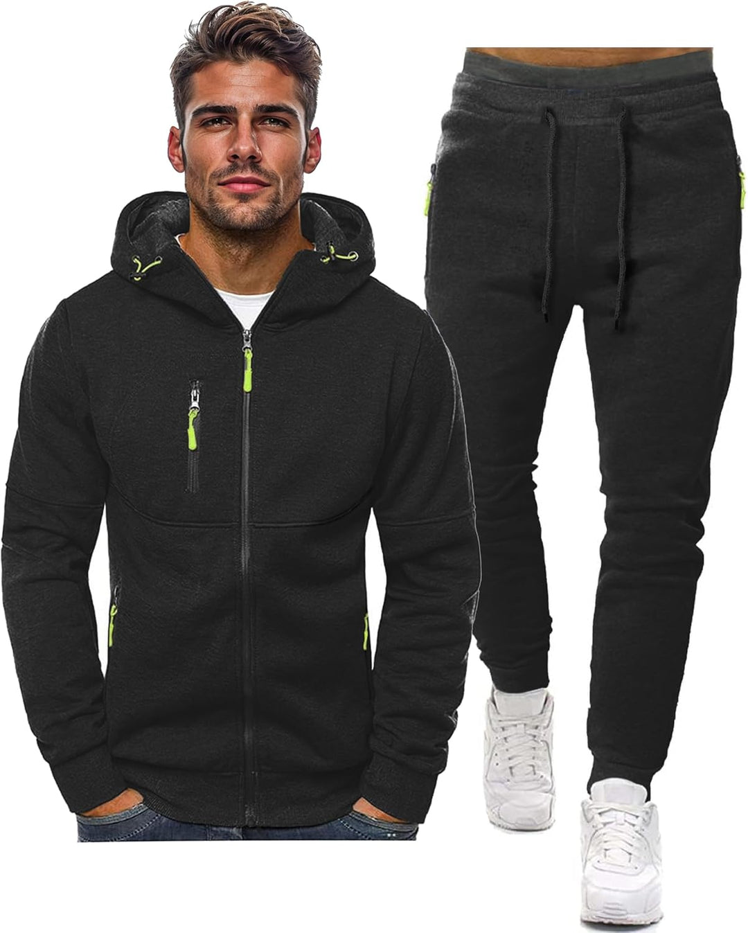 Black zip hoodie and joggers with neon yellow-green zipper pulls and drawcord ends, shown together 11