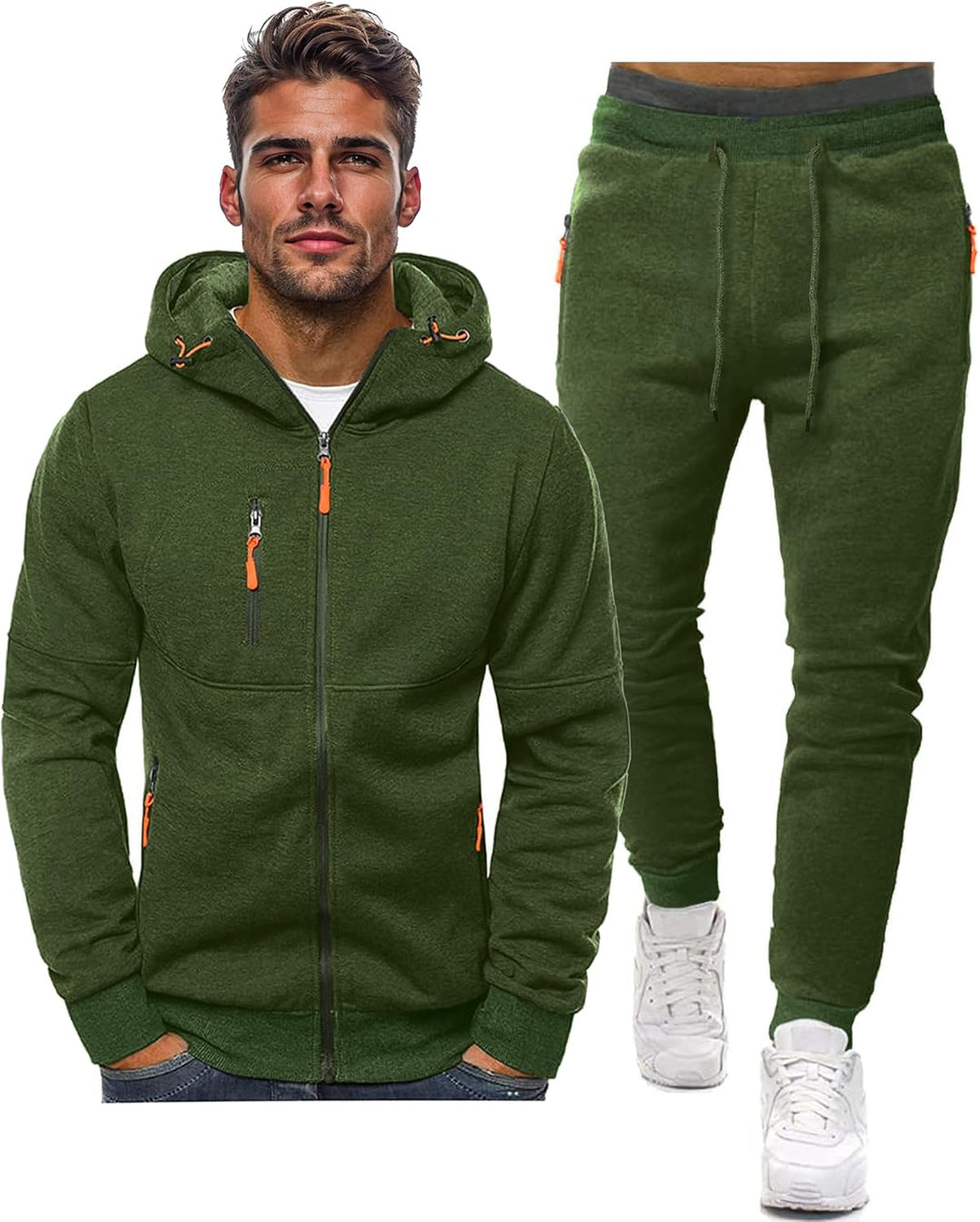 Olive green zip hoodie and drawstring joggers displayed side by side, with orange zipper pulls 8