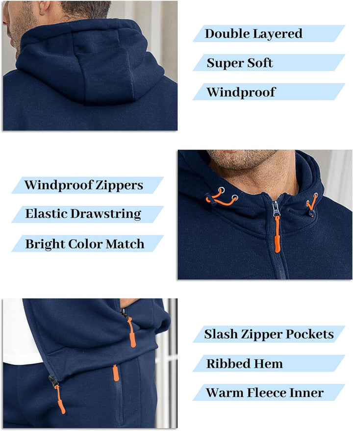 Collage of navy hood, zipper and pocket details with feature callouts like windproof zippers and ribbed hem 5