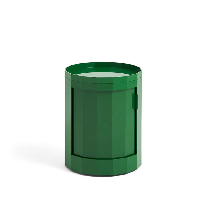 Short round cabinet in dark green with closed door and raised tray top 14