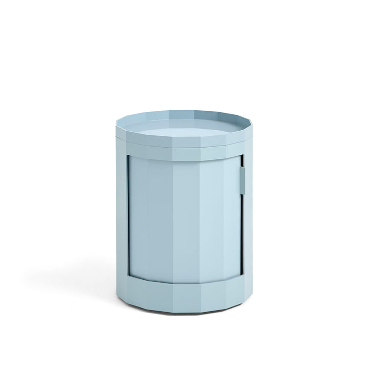 Short round cabinet in light blue with closed door and tray top on white background 10