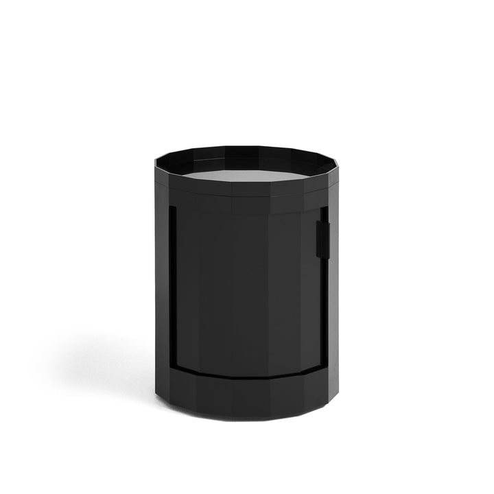 Short round cabinet in glossy black with closed door and tray top on white 12