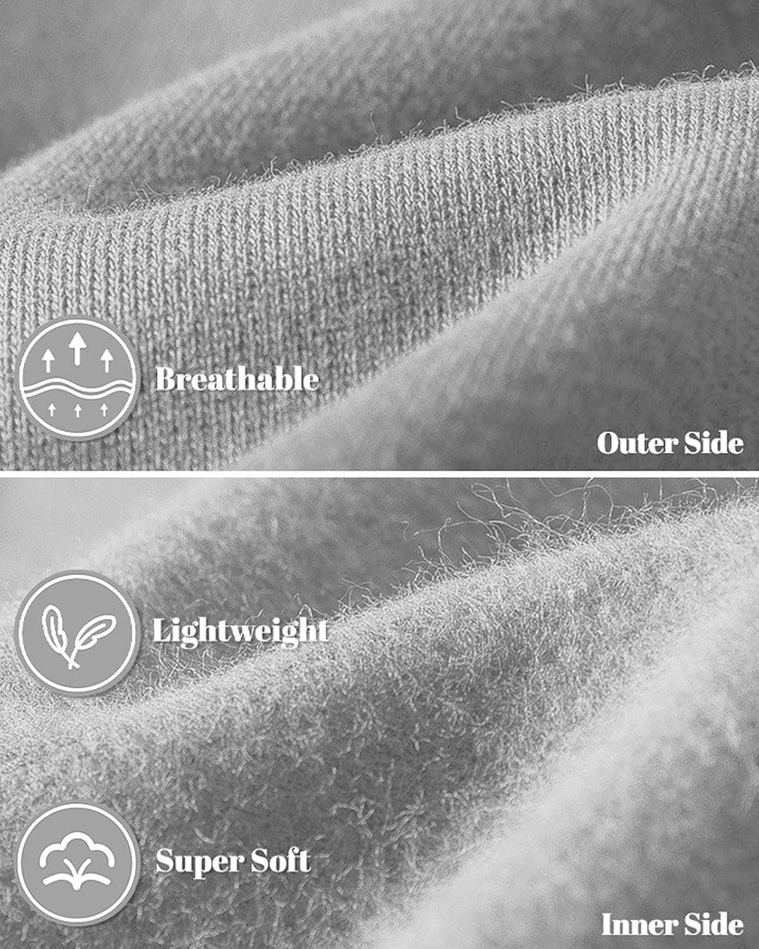 Close-up of gray fleece fabric, knit outer side above and soft brushed inner side below 30