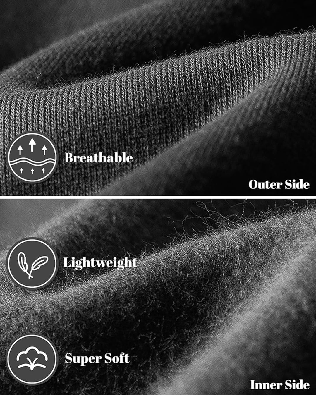 Close-up of black fleece fabric, knit outer side above and soft brushed inner side below 24