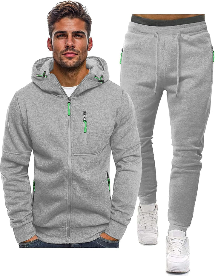 Light gray zip hoodie and drawstring joggers with bright green zipper pulls shown side by side 14