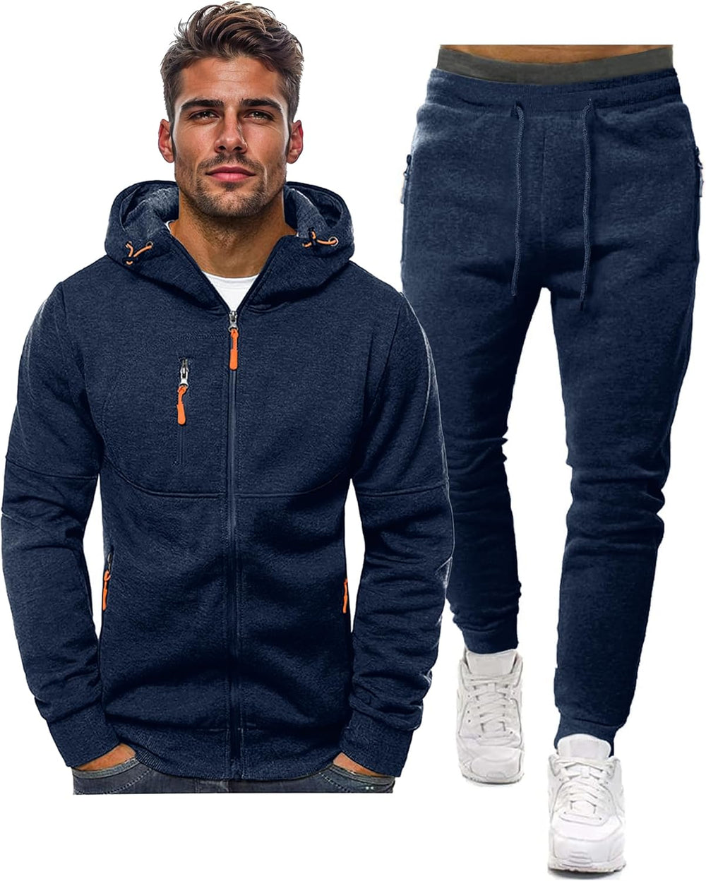 Navy zip-up hooded jacket and drawstring jogger pants shown side by side on a white background 2