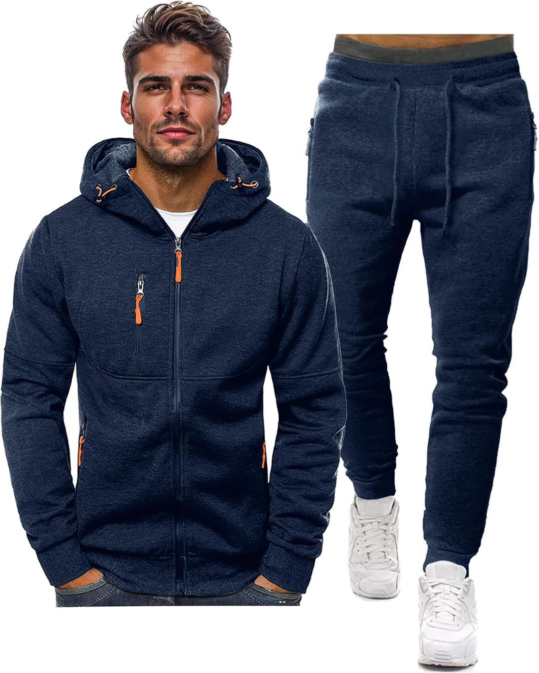 Navy zip-up hooded jacket and drawstring jogger pants shown side by side on a white background 2