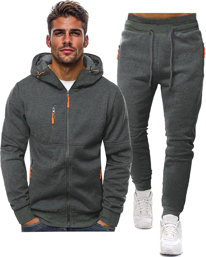 Gray zip hoodie with orange zipper pulls displayed next to matching drawstring joggers on white 8