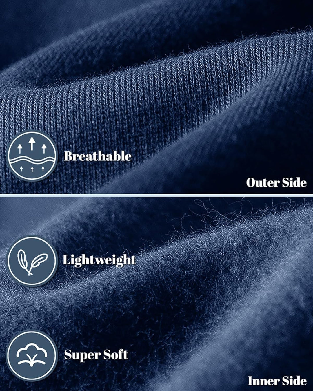 Close-up of the navy fabric, knit outer side above and soft fleece inner side below 6