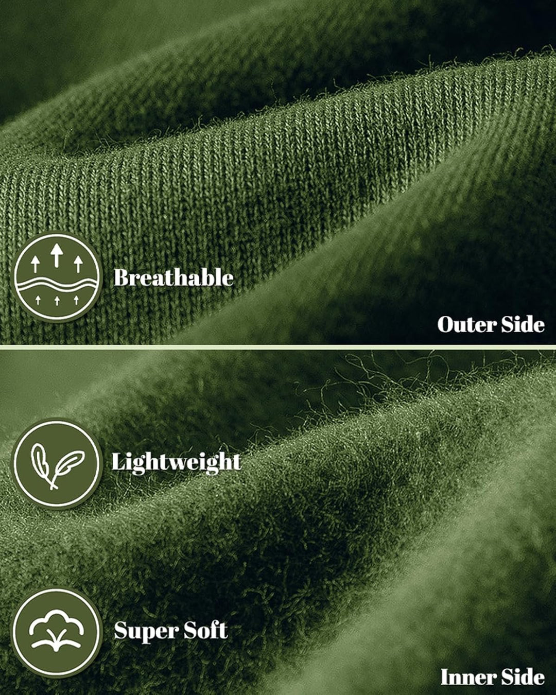 Close-up of the green fabric, knit outer side above and soft fleece inner side below 18