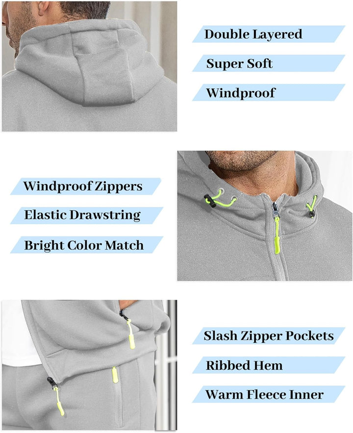 Collage of gray tracksuit details: double-layered hood, drawstring, bright zipper pulls, slash zipper pockets and ribbed hem 29