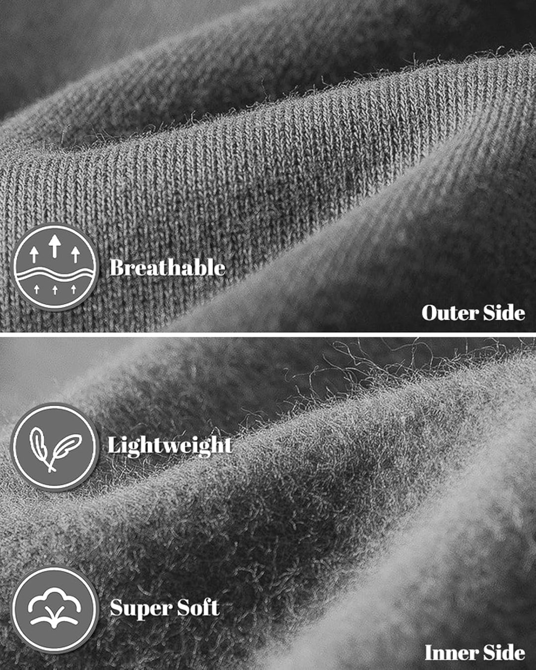 Close-up of the gray fabric, knit outer side above and fuzzy fleece inner side below 12
