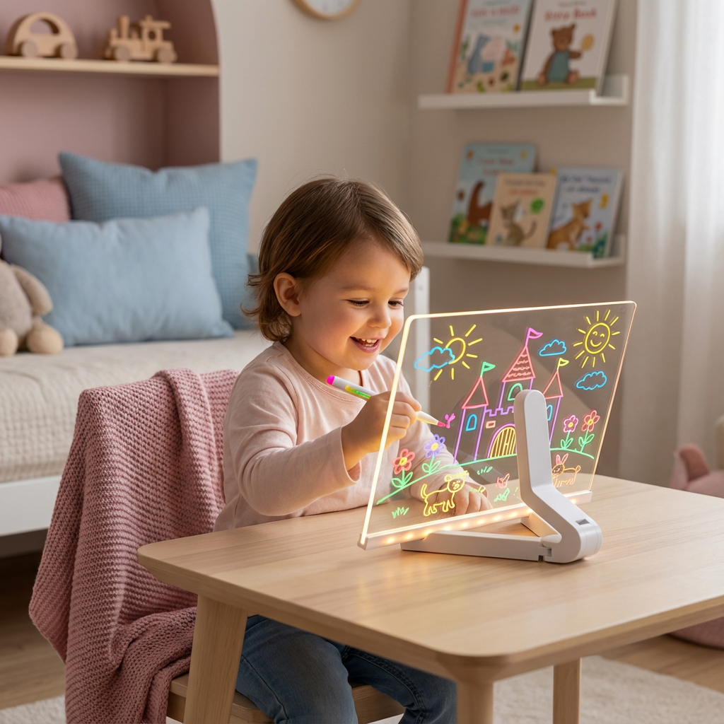 Smiling toddler draws a glowing castle and flowers on the lit acrylic board at a wooden table 1