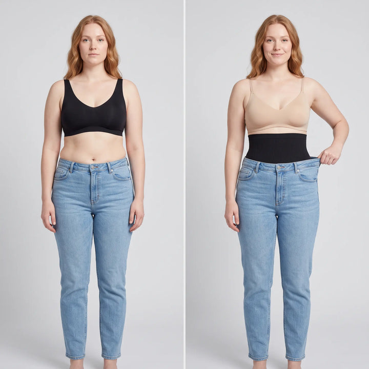 Side-by-side comparison of a woman in jeans, bare midsection versus wearing a black shaping waistband underneath 4