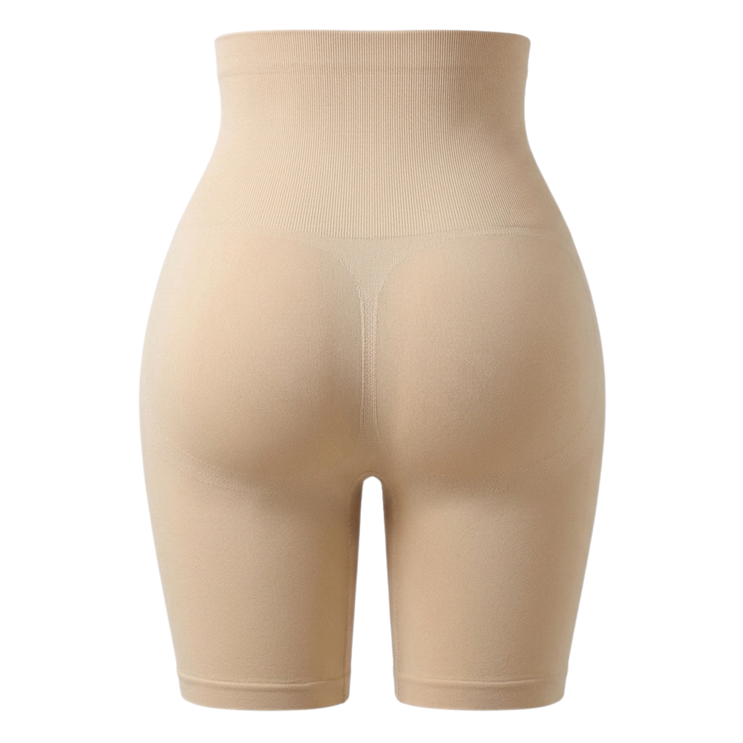 Flat back view of beige high-waisted shaping shorts showing the seamless rear panel 15