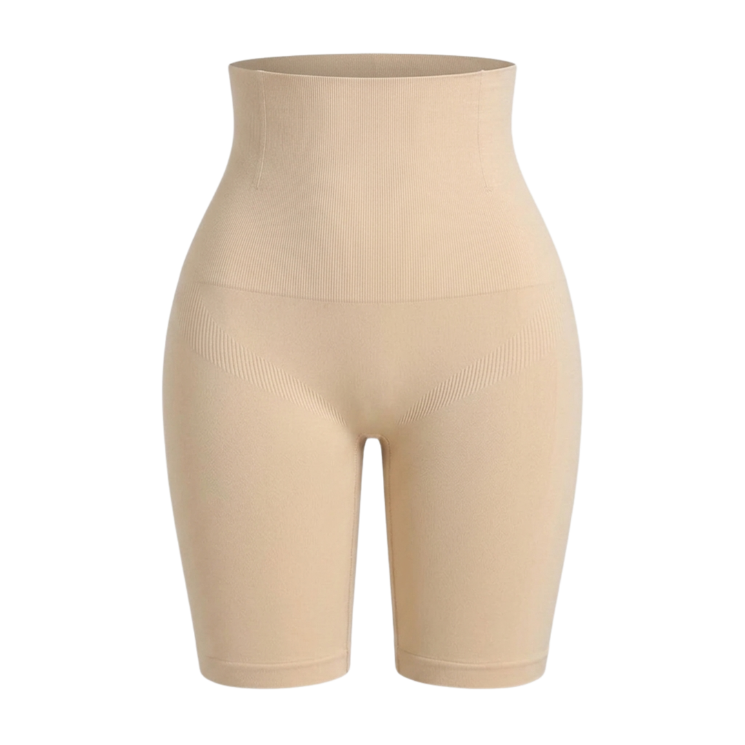 Flat front view of beige high-waisted shaping shorts showing the ribbed waistband and hip panels 12