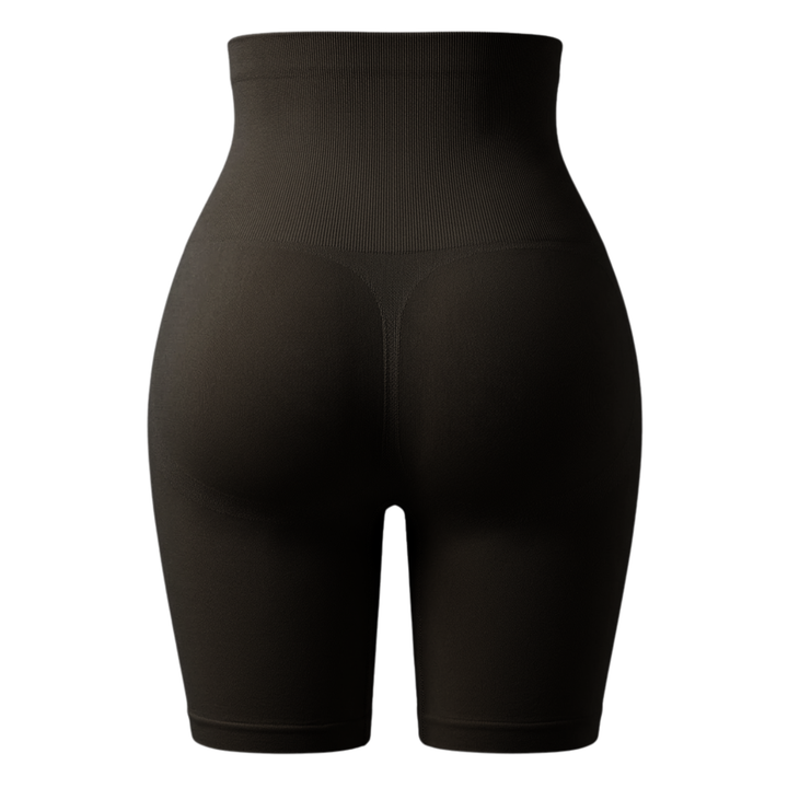 Flat back view of dark brown high-waisted shaping shorts showing the seamless rear panel 6