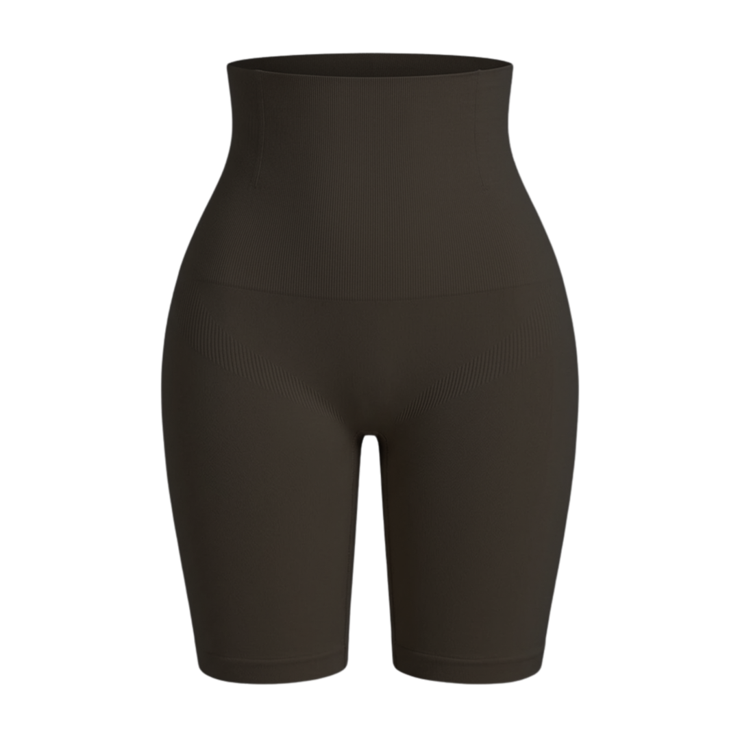 Flat front view of dark brown high-waisted shaping shorts showing ribbed panels 5