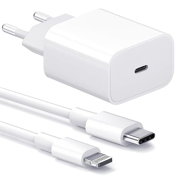 White wall charger with two round prongs, a USB-C port, and a white USB-C to Lightning cable 1