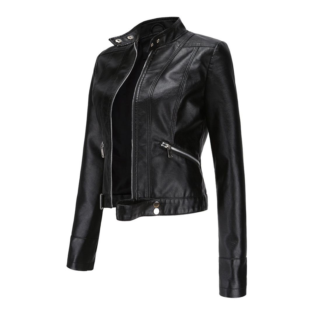 Black cropped jacket in three-quarter view, open zipper showing the lining and diagonal pocket zipper 5