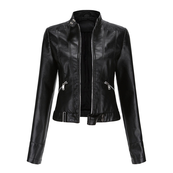 Black cropped jacket seen from the front, unzipped, with stand collar, zip pockets and belted hem 2
