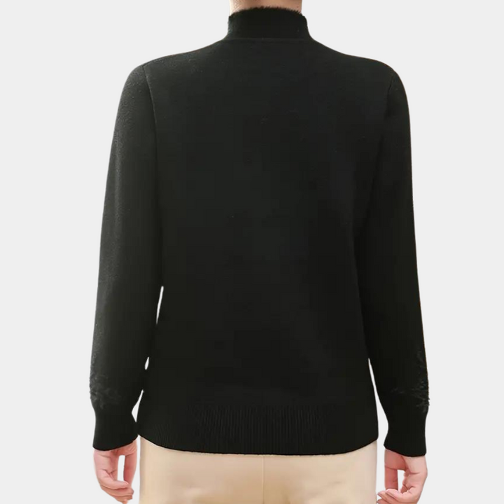 Knitted Ladies' Sweater with Floral Pattern and High Collar – Alfhild
